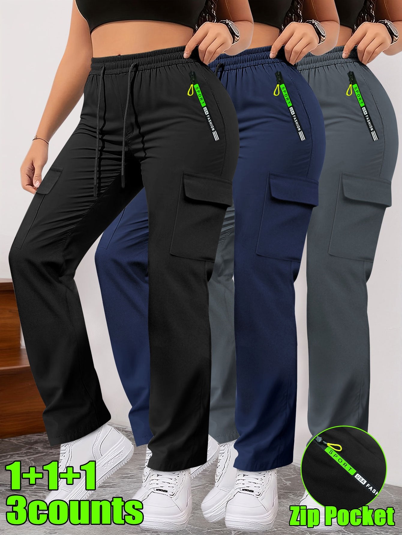 Lot de 3 Pantalons Femme– Poches Zippées et Cargo, Robustes, Sans Extensibilité, Printemps/Automne