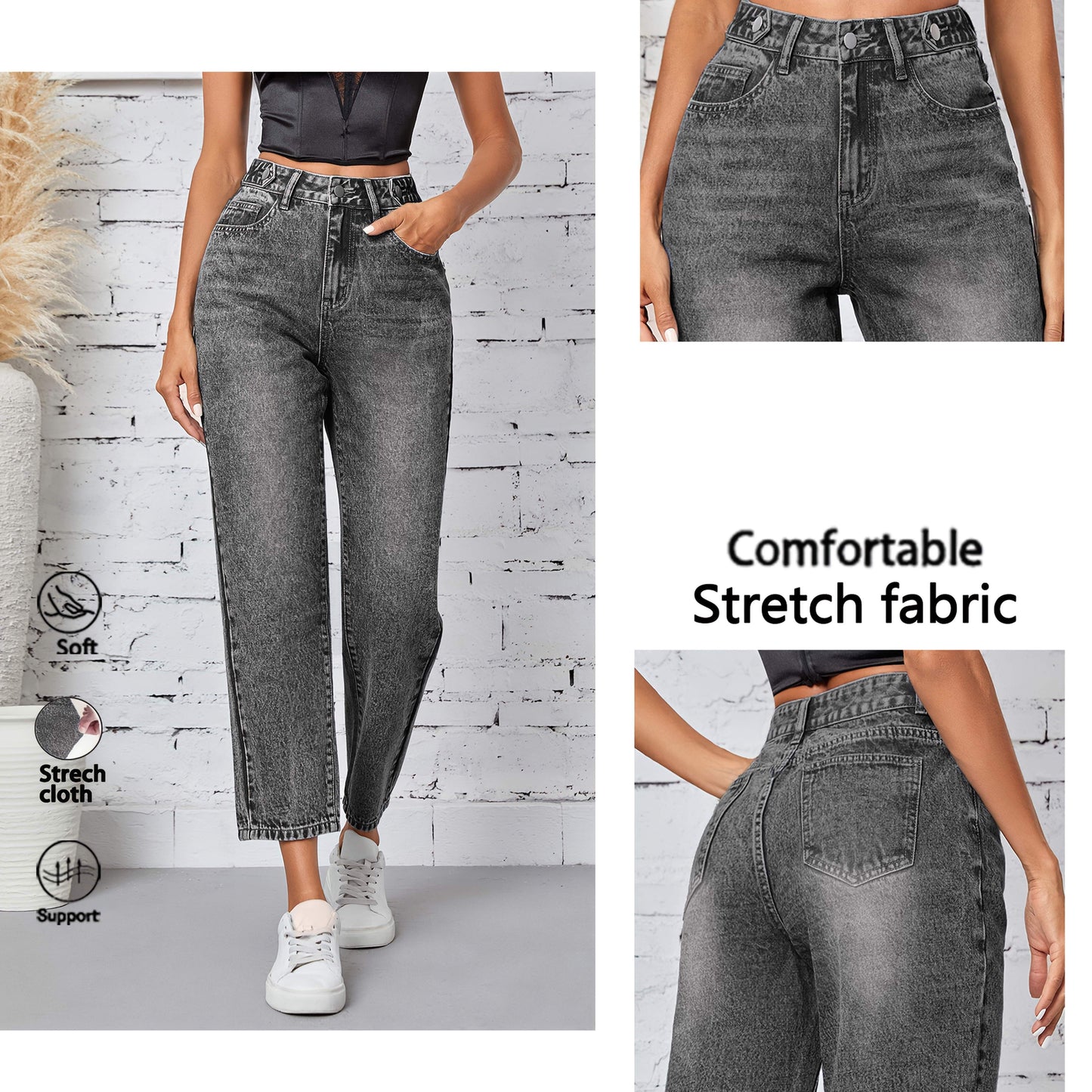 Jeans Femme Jambe Droite Décontracté Extensible Taille Mi-Haute Boutons Bleu Clair Effet Usé Toute Saison Confortable