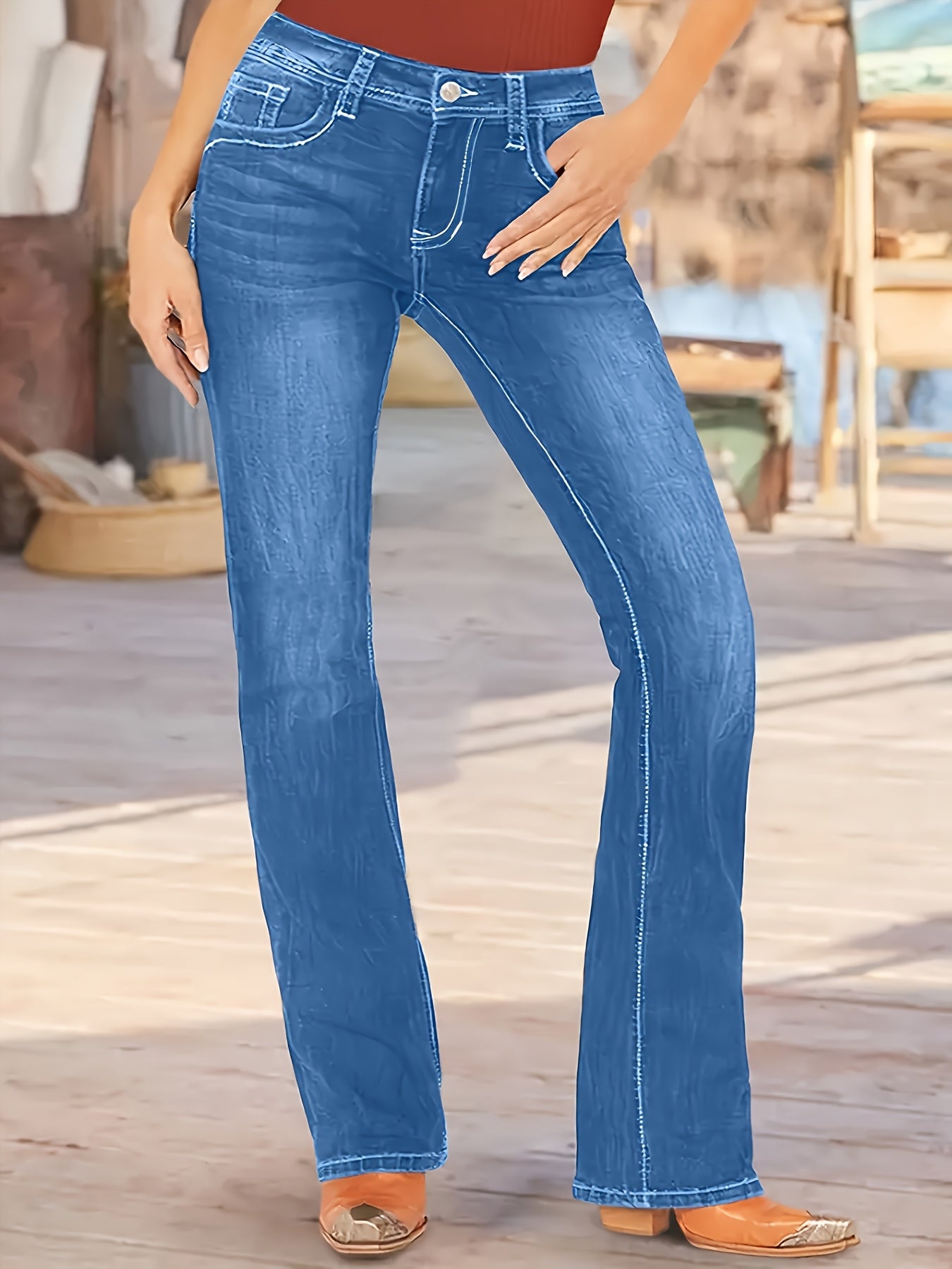 Jean droit casual pour femmes – Polyester extensible, couleur unie, fermeture éclair et bouton