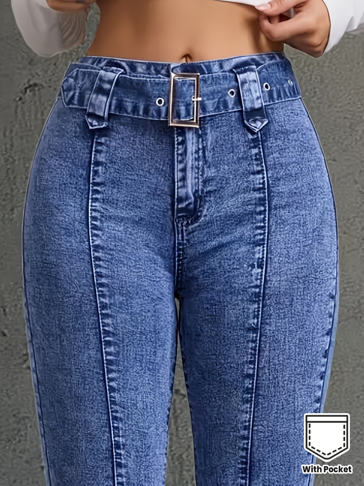 Jean Femme Taille Haute Évasé Ceinture Bleu Clair Délavé