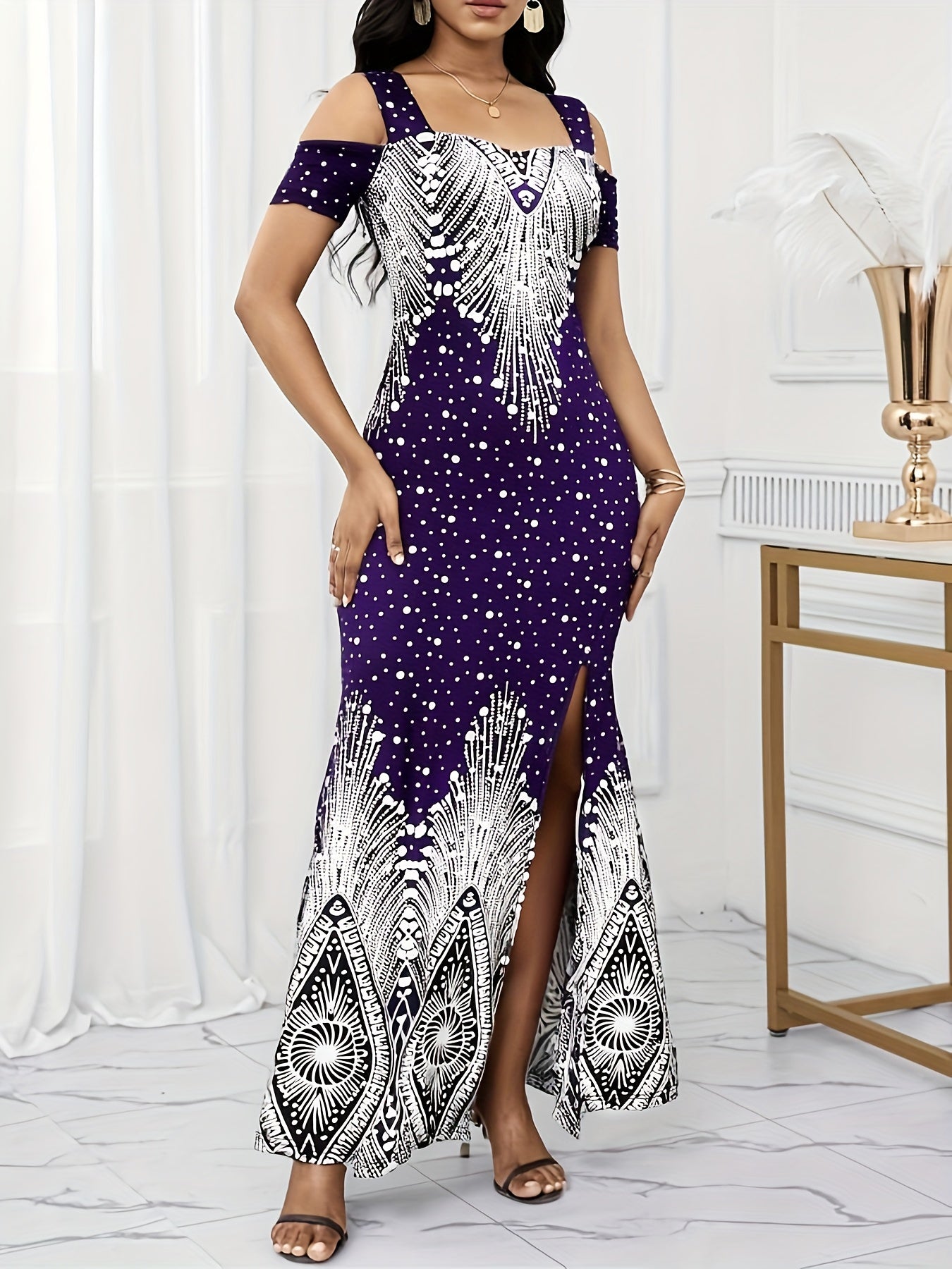 Women's Elegant Paisley Print Square Neck Off-Shoulder Evening Dress - Short Sleeve Bodycon Mermaid with Side Slit & Waist Accent, Machine Washable Summer Formal Party Wear, Evening Event Attire, Stretchy Fabric Gown, Comfort