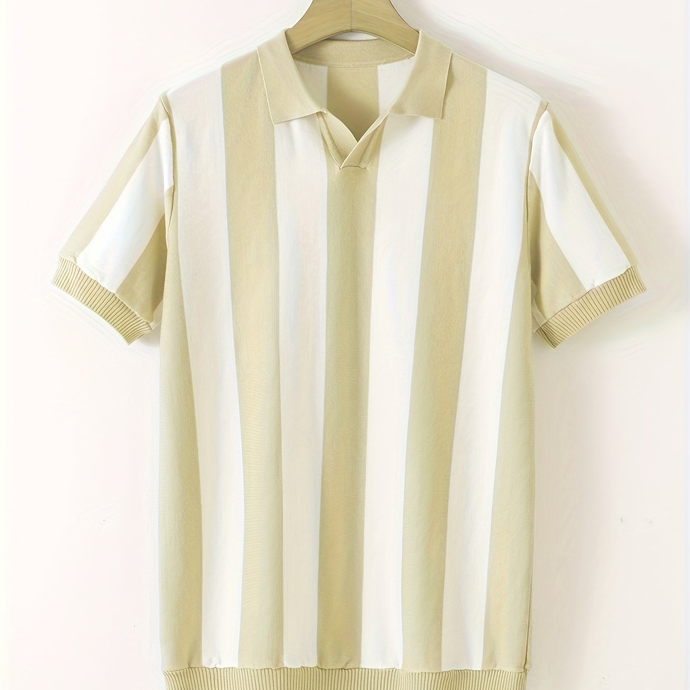 Men'S Beige & White Striped Short Sleeve Polo Shirt - Lightweight, Breathable Knit Fabric, Regular Fit, Perfect for Golf, Business Casual, and Spring/Summer Outings, Golf Attire | Classic Polo Design | Medium Elasticity