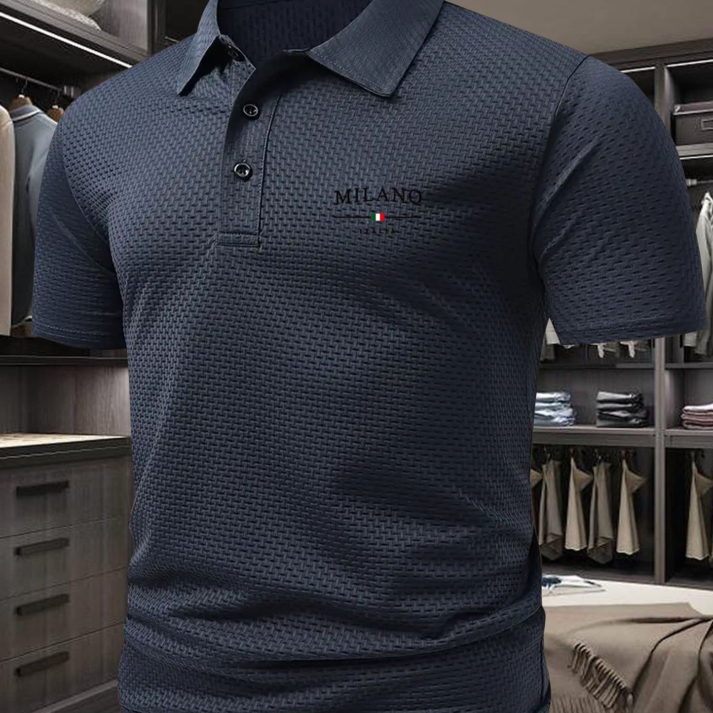 Milano Men'S Casual T-Shirt - Breathable Regular Fit Short Sleeve Shirt with Geometric Print, Button-Up Collar for Summer Comfort & Casual Attire, Comfortable Clothing, Easycare Material