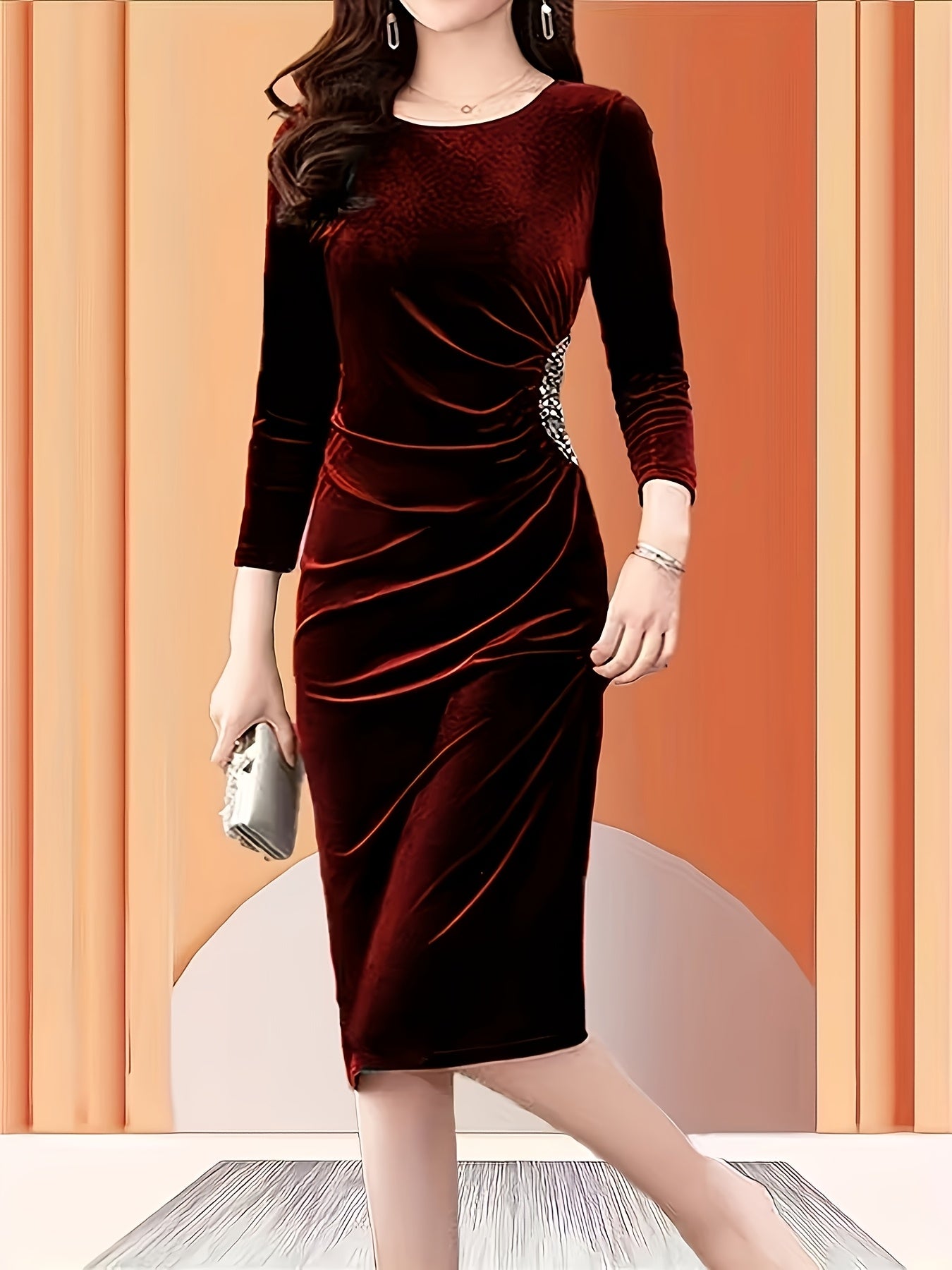 Emerald Green Velvet A-Line Midi Dress - Elegant Round Neck Long Sleeve Machine Washable Women's Formal Party & Evening Dress, All-Season Versatile Solid Color, Emerald Dress