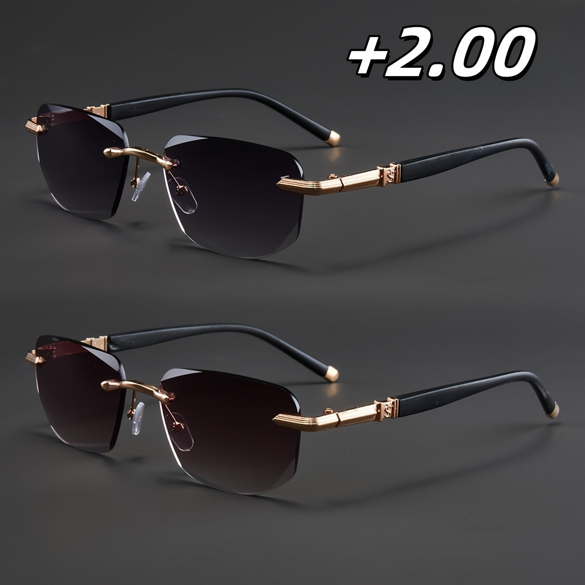 Two Pairs, Bundled Set, Stylish, Men'S, Exquisite, Luxurious, Rimless, Beveled Edge, Reading Glasses, Metal Frame, Options: 100, 150, 200, 250, 300, 350, And 400 Degrees, Without Battery, Christmas Gifts