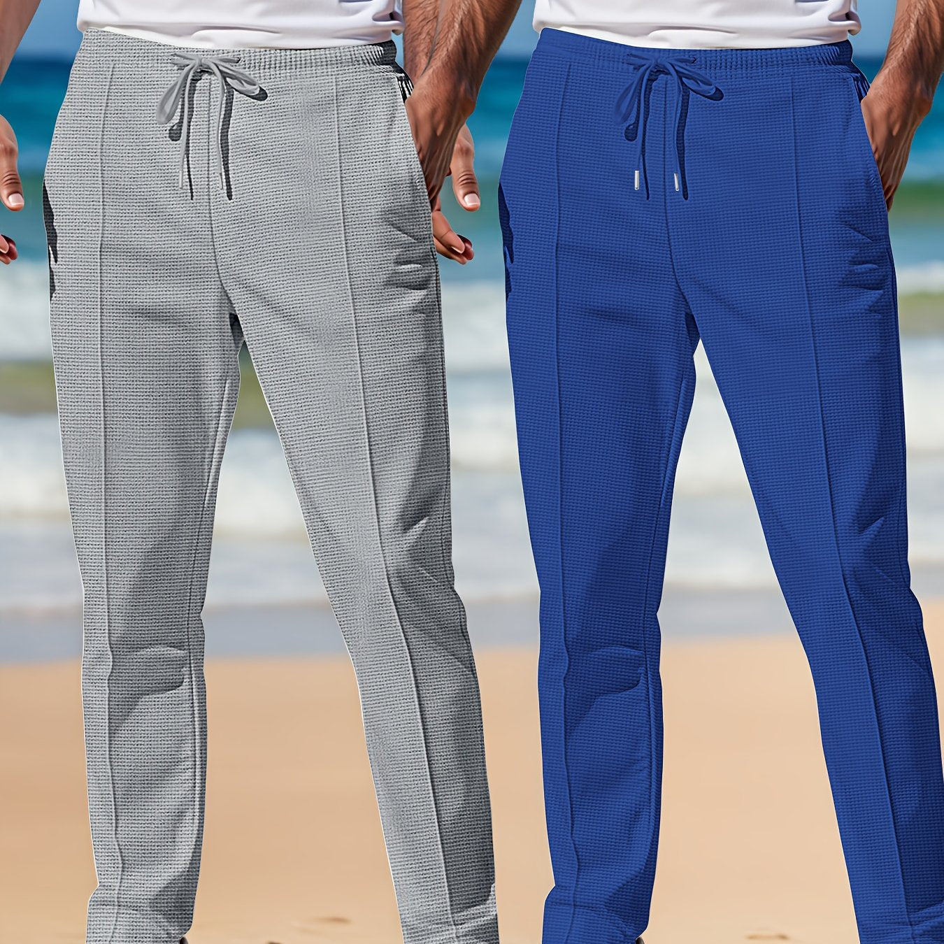 Joggers en tricot gaufré pour homme (2 pièces) – taille élastique avec cordon, pantalons légers et respirants, gris et bleu marine, idéals plage, running, extérieur et usage quotidien
