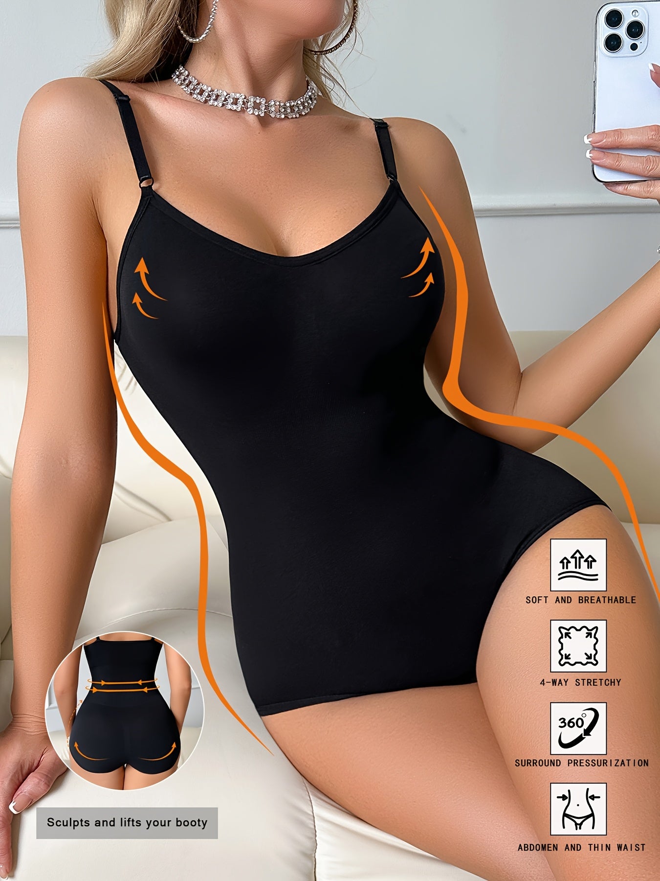 Combinaison bodycon femme – contrôle du ventre, coupe slim, une pièce pour plage, piscine ou soirée, effet push-up fessier et taille, sans rembourrage ni armature, bikini noir/orange lavable à la main, adapté aux silhouettes courbes