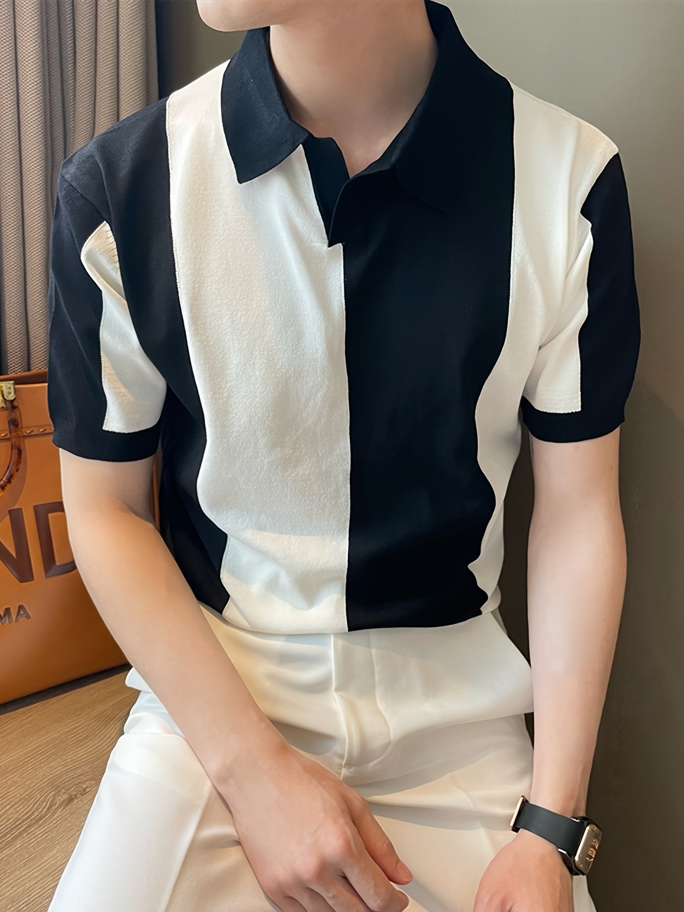 Men'S Casual Short-Sleeve Striped Color-Blocked Knit Polo, a Stylish And Sporty Top Suitable for Summer Golf And Business Attire.