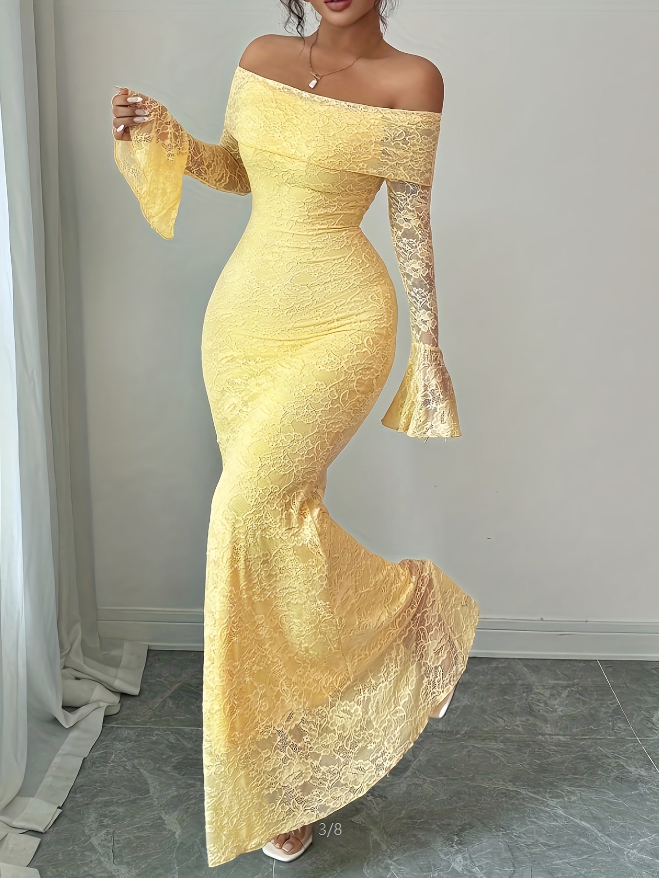 Elegant Off the Shoulder Long Dress with Contrast Lace Details | Women'S Sexy Bell Sleeves and Pendulum Style, Solid Color, Suitable for All Seasons