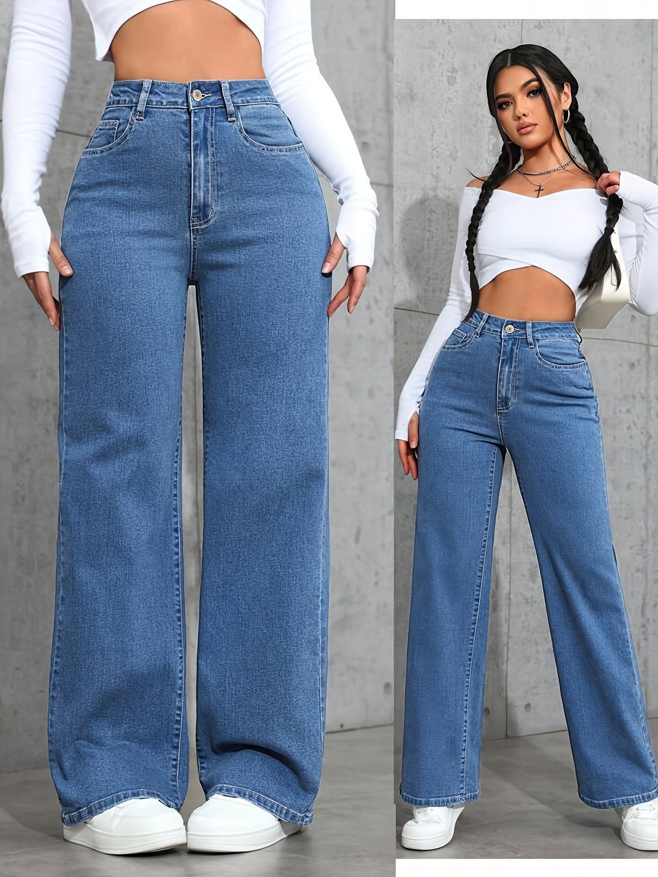 Jeans Femme Taille Haute – Coupe Large, Denim Bleu Clair Lavé, Extensible et Confortable, Pantalon Décontracté à Boutons, Polyvalent Toutes Saisons, Tissu Durable