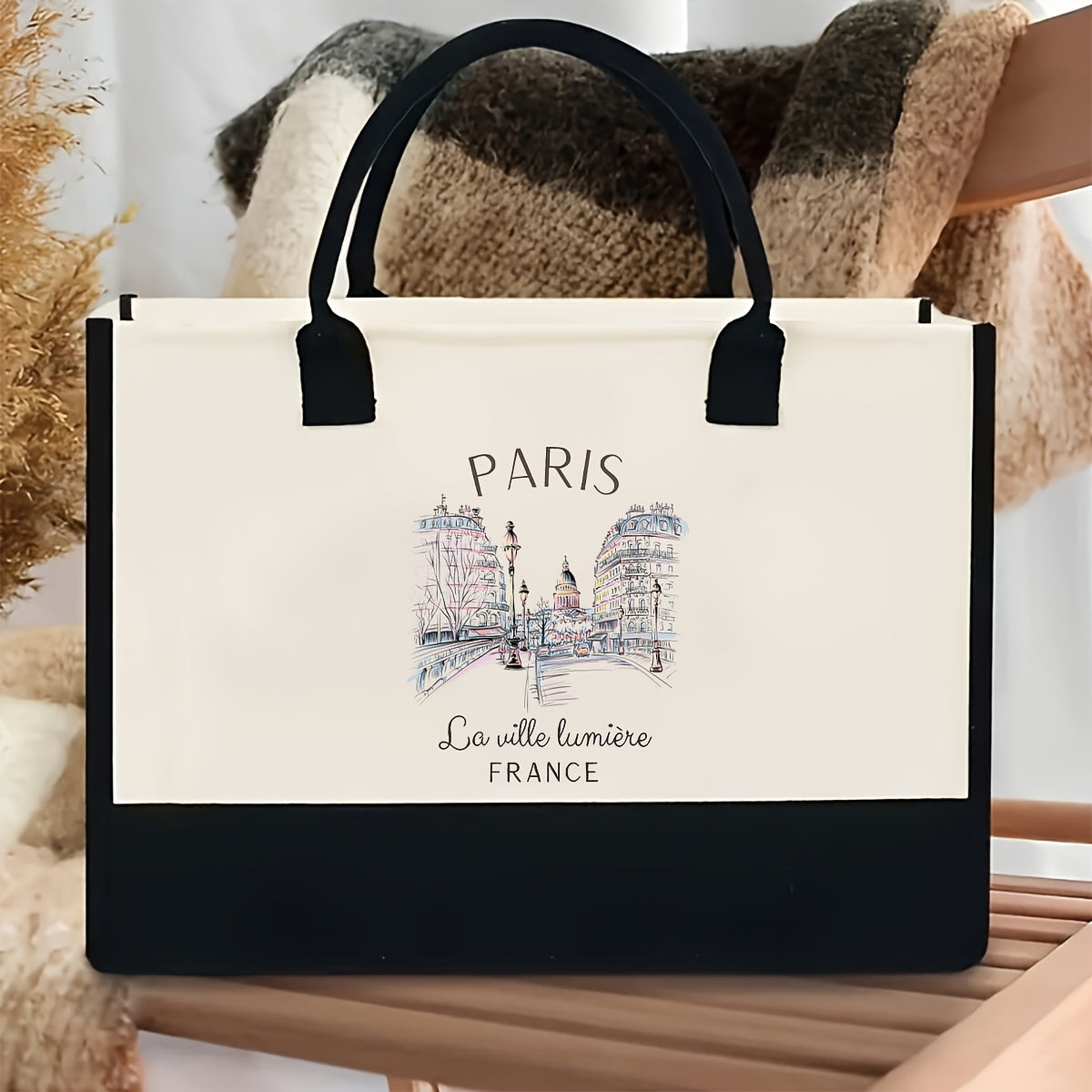 Sac Cabas Élégant Paysage Urbain Parisien – Toile, Poignées, Sans Fermeture, Style Décontracté, Non Doublé, Sac Cabas Quotidien | Sac Cabas Élégant | Poignées Durables, Sac Cabas