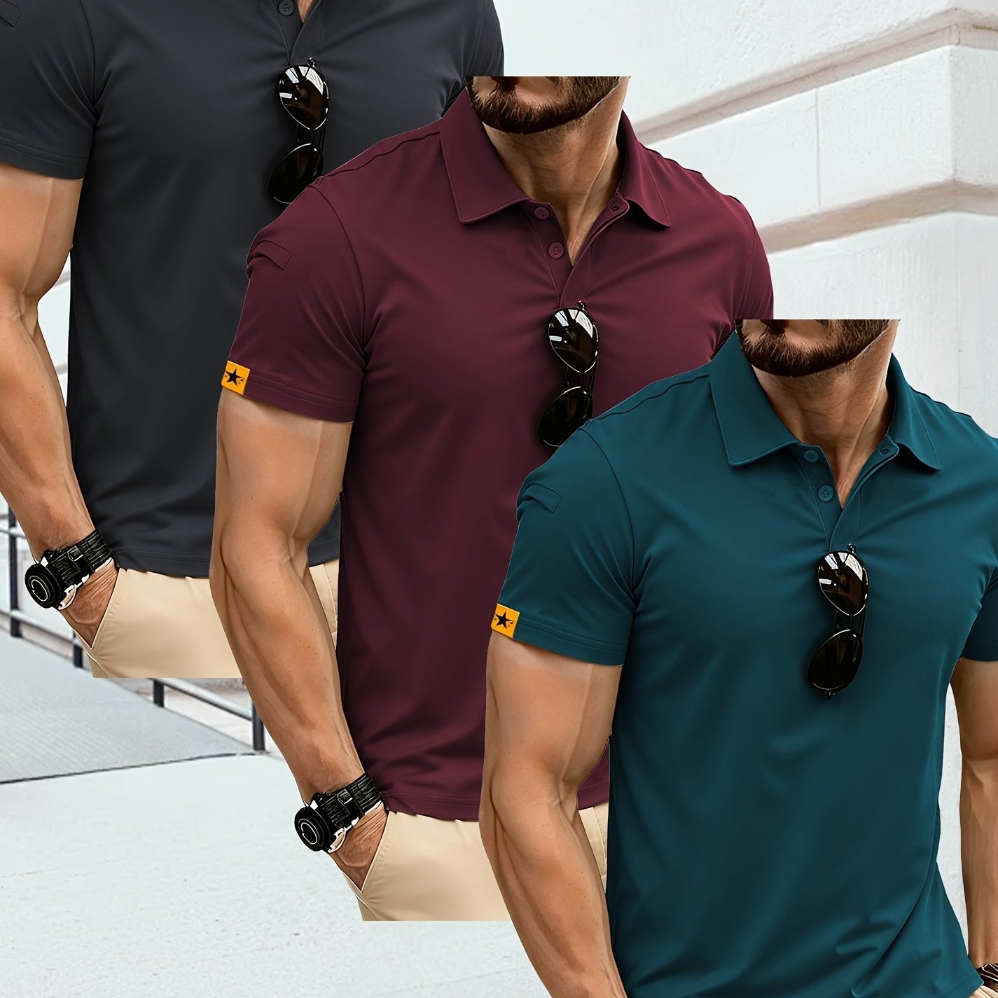 3pcs Men'S Plus Size Polo Shirts - Casual Short Sleeve, Button-Up Collar, Geometric Pattern, Regular Fit, Spring/Fall Sportswear, Golf & Tennis, Plus Size T-Shirts, PLUS SIZE, Men Polo Shirt High Quality, Men Plus Size Clothi