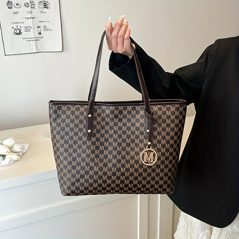 Sac à Main Femme Grande Capacité Luxe – Quincaillerie Dorée, Logo Lettre « M » et Motif Géométrique, Sac Élégant Blanc/Beige/Noir/Beige Clair, Structure Robuste, Fermeture Éclair Sécurisée, Quincaillerie Dorée