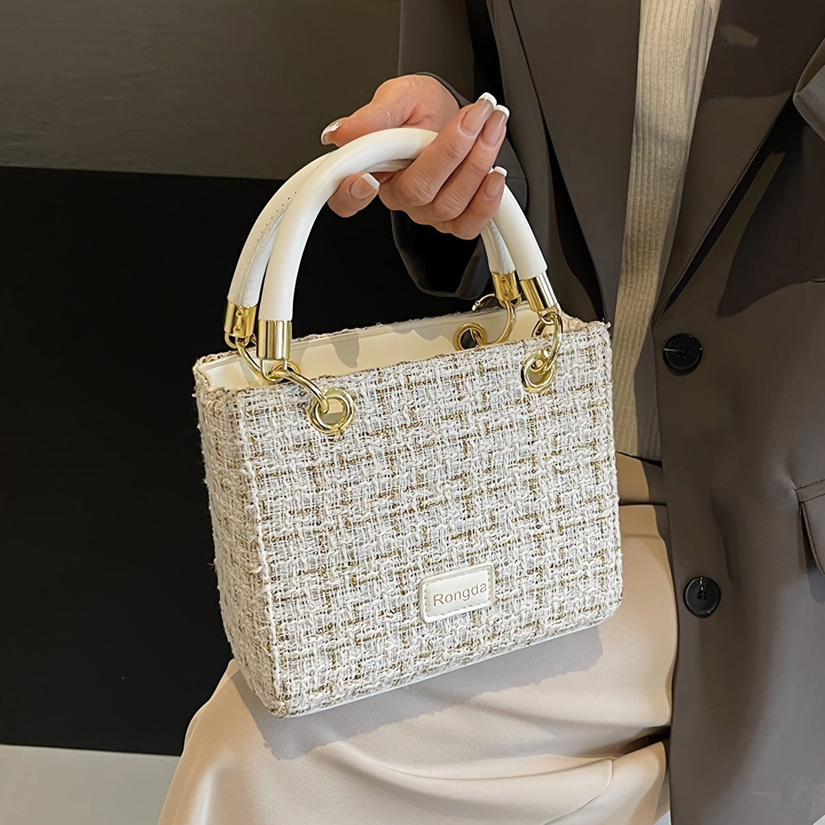 Sac élégant en tweed – bandoulière et poignée, polyvalent