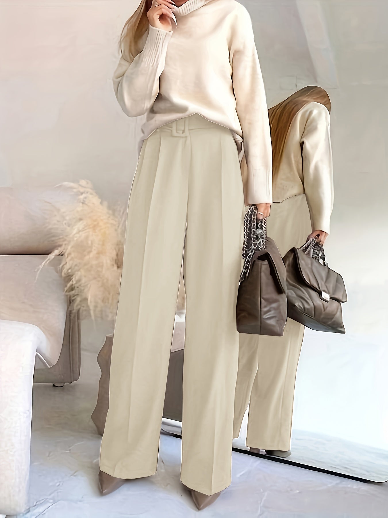 Pantalon Femme Élégant Jambe Droite – Polyester, Ceinturé, Couleur Unie, Confortable, Bureau et Décontracté, Printemps/Automne