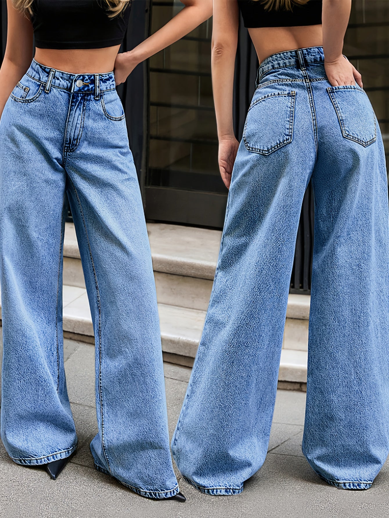 Jeans Femme Taille Haute Jambe Large Élégant Non Extensible Fermeture Zippée Toute Saison Décontracté et Formel Polyvalent Design Minimaliste