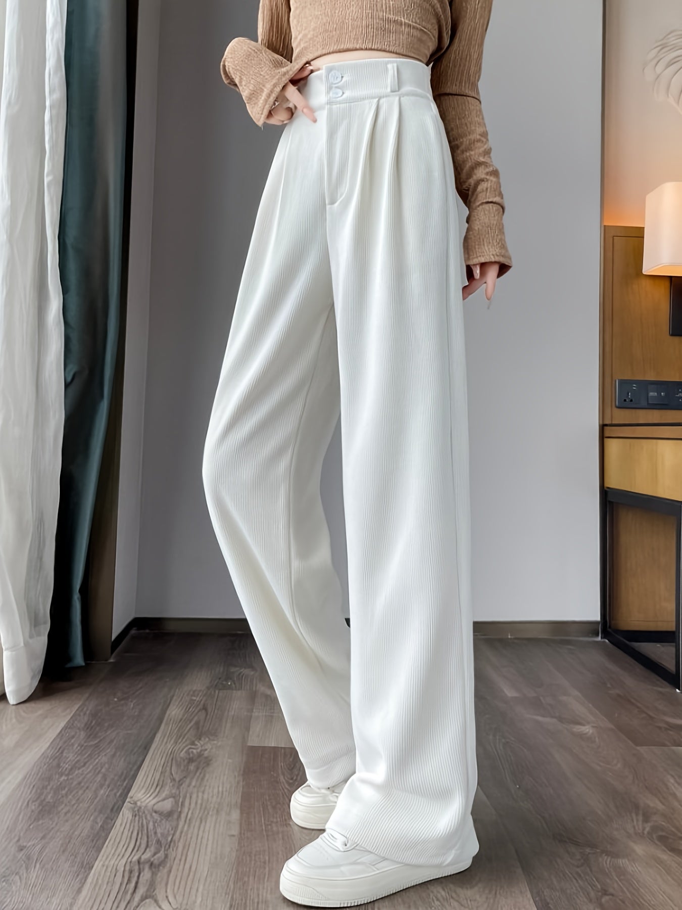 Pantalon Femme Jambe Large – Élégant, Taille Haute, Tissu Non Extensible, Bureau et Décontracté, Automne/Hiver