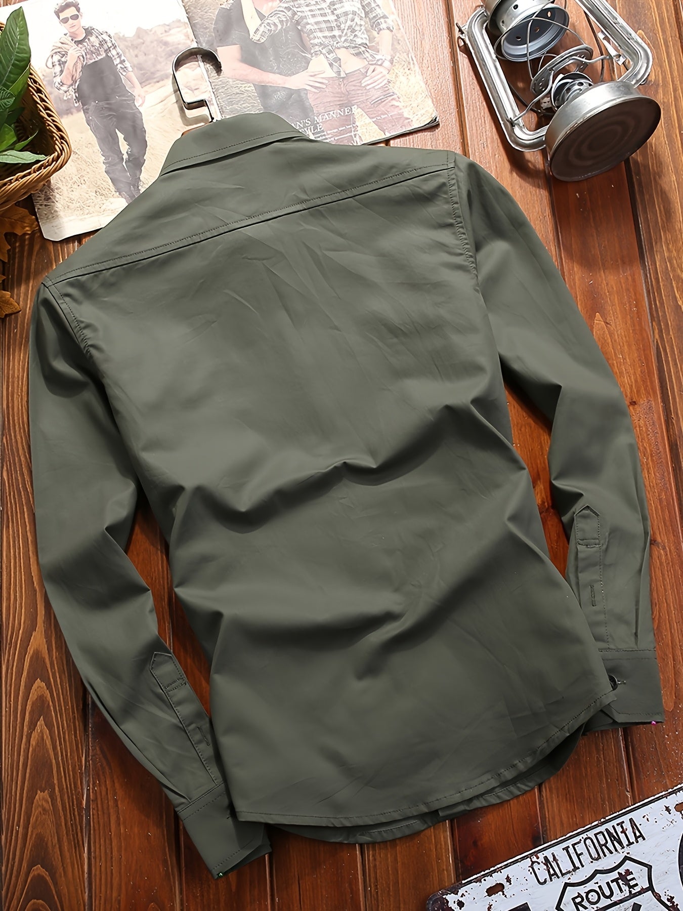 New Casual Men's Business Gentleman Square Collar Long Sleeve Multi-Pocket Army Green Shirt