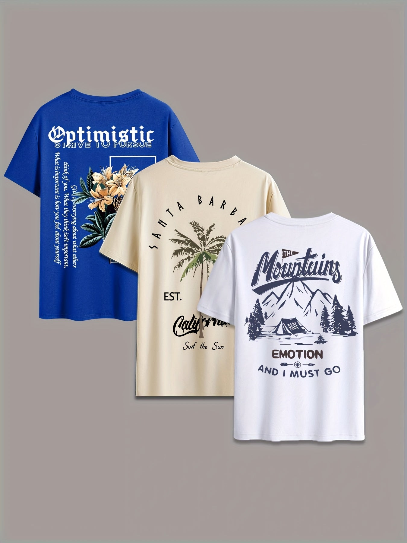 3pcs Men's Summer Palm Tree & Coconut Lettering Print T-Shirts - Tropical Themed Casual Round Neck Tees Suitable for Beachwear, Poolside & Everyday Summer Outfits - 3pcs Bulk Pack for s