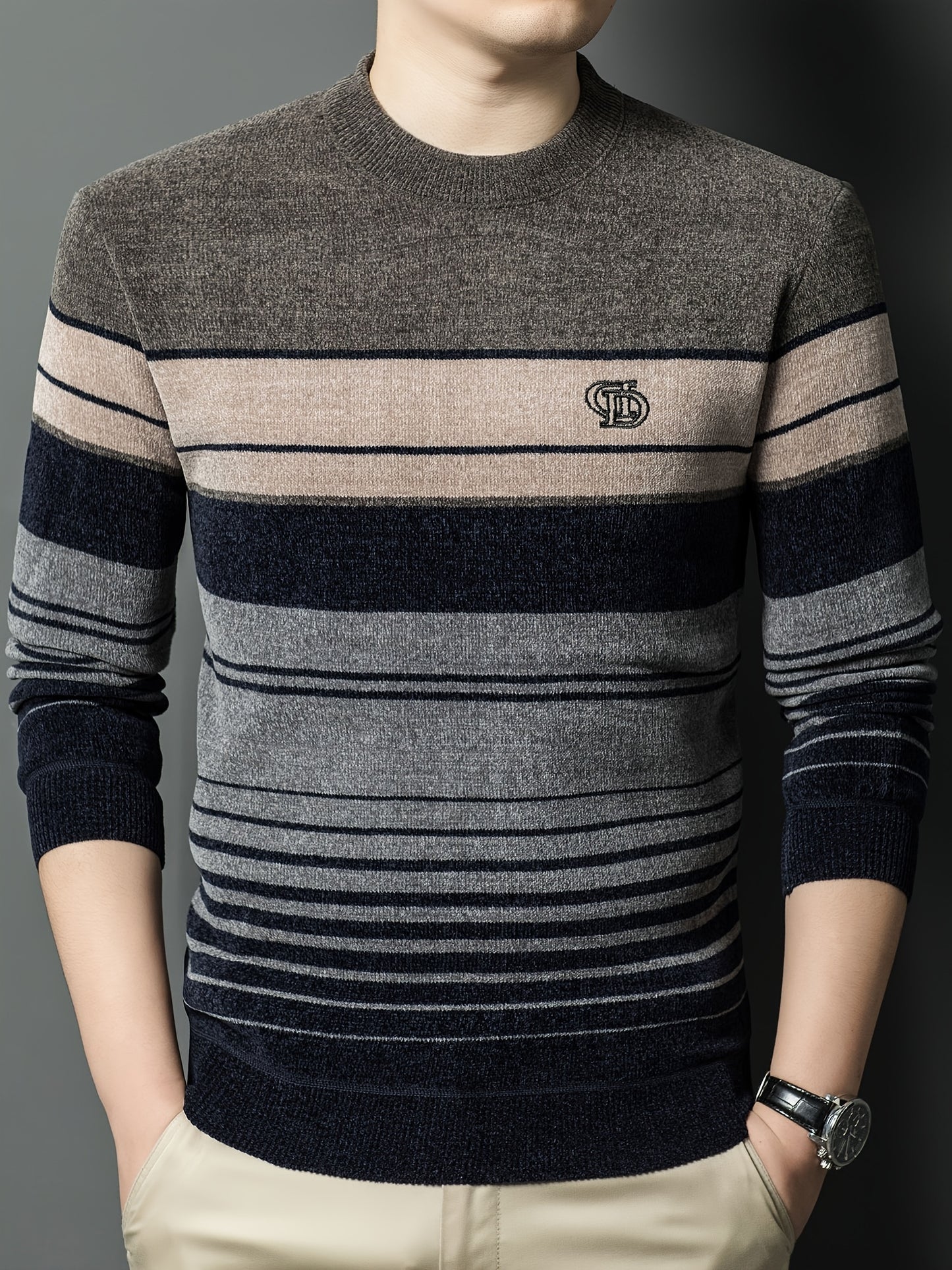 Men's Winter Thermal Fleece-Lined Striped Sweater - Thickened Warm Pullover with Embroidered Logo, Casual Round Neck Long Sleeve Knit Top, Machine Washable (Black/Brown/Beige), Cold Weather Apparel, Ribbed Texture, Comfortabl