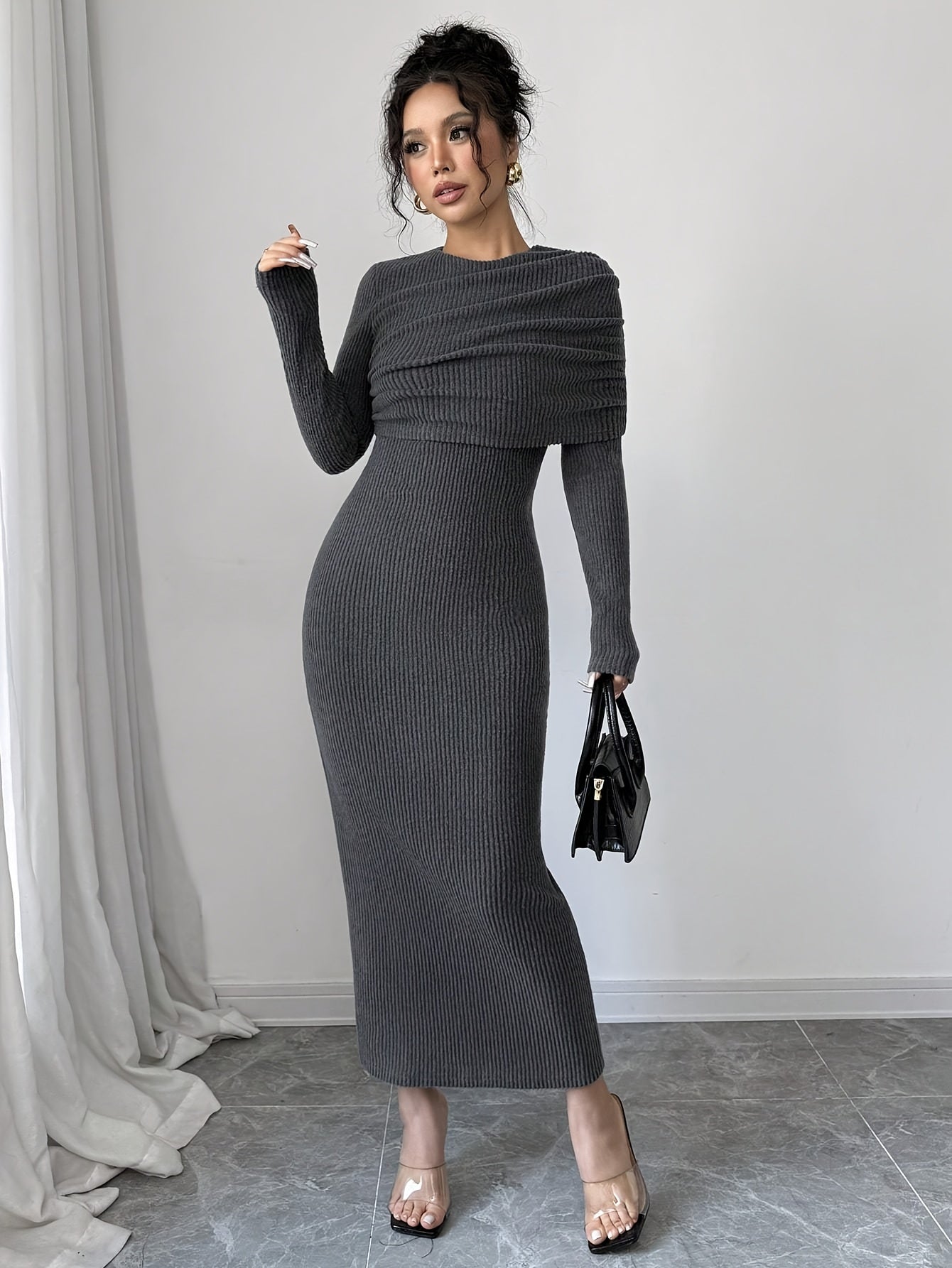 Robe Longue Moulante Femme – Manches Longues, Élégante et Polyvalente, Coupe Flatteuse pour Soirées, Bureau et Quotidien, Robe de Soirée Toutes Saisons, Fente Haute, Couture de Qualité, Tenue Chic pour Amatrices de Mode