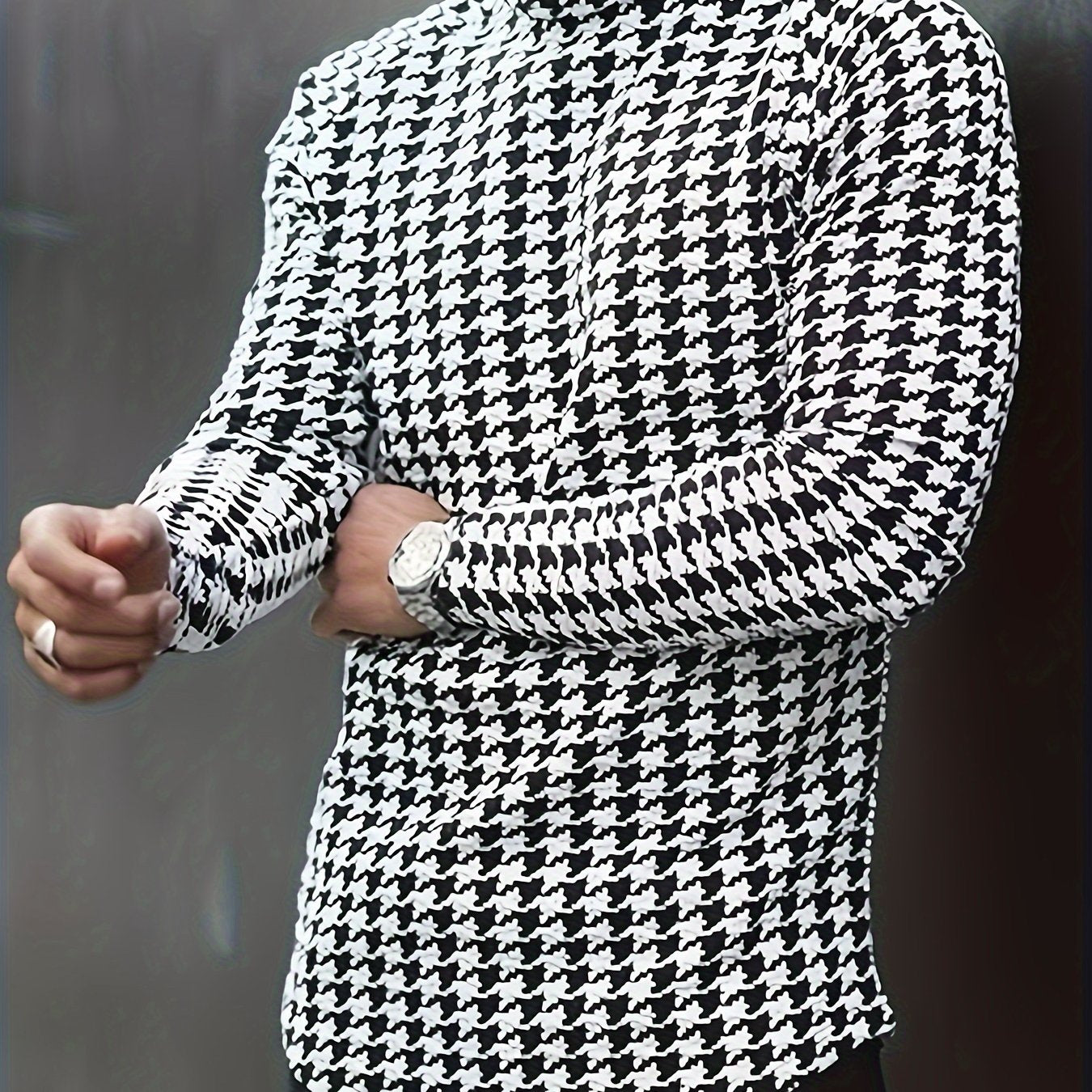 New Autumn-Winter Men's Slim-Fit High-Neck Pullover Long Sleeve Houndstooth Sweater Base Layer, PLUS SIZE