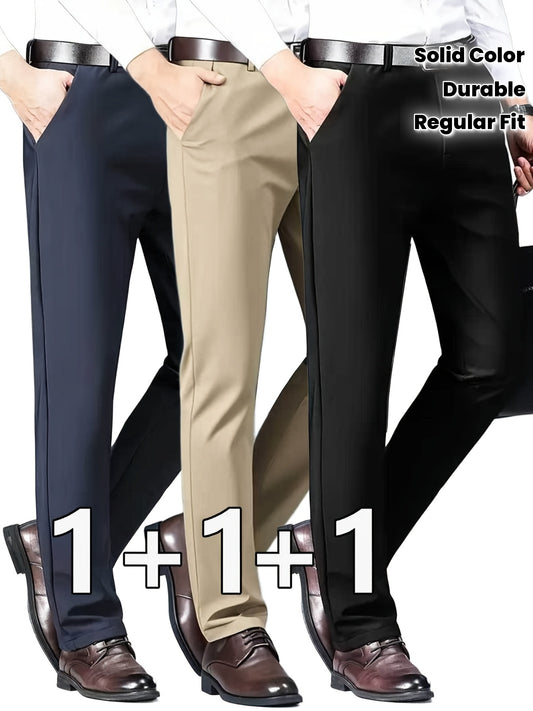 3pcs Pantalons Homme Classiques Stretch – Uni, Regular Fit, Tout Saison, Bureau & Casual