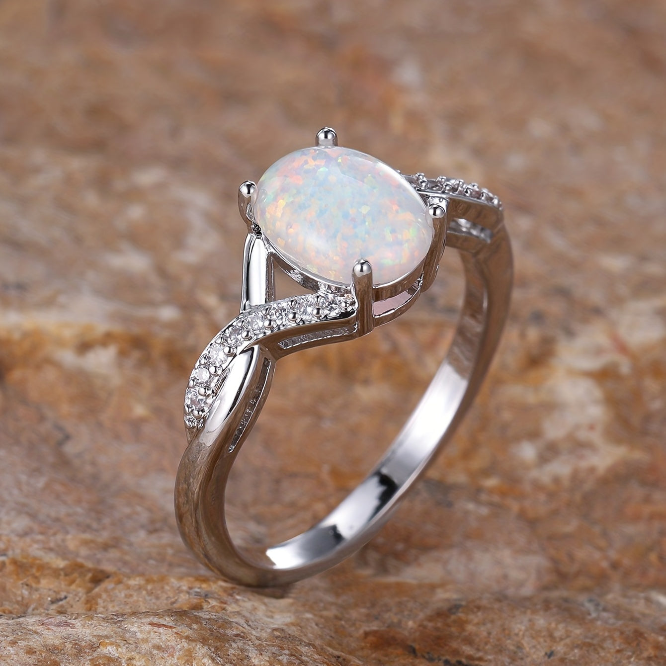 Oval White Opal  Twist Curved Ring for Women Simple Delicate Glitter Creative Design Wedding Ring EngaSynthetic Gemstoneent Party Wear Elegant Temperament Jewelry