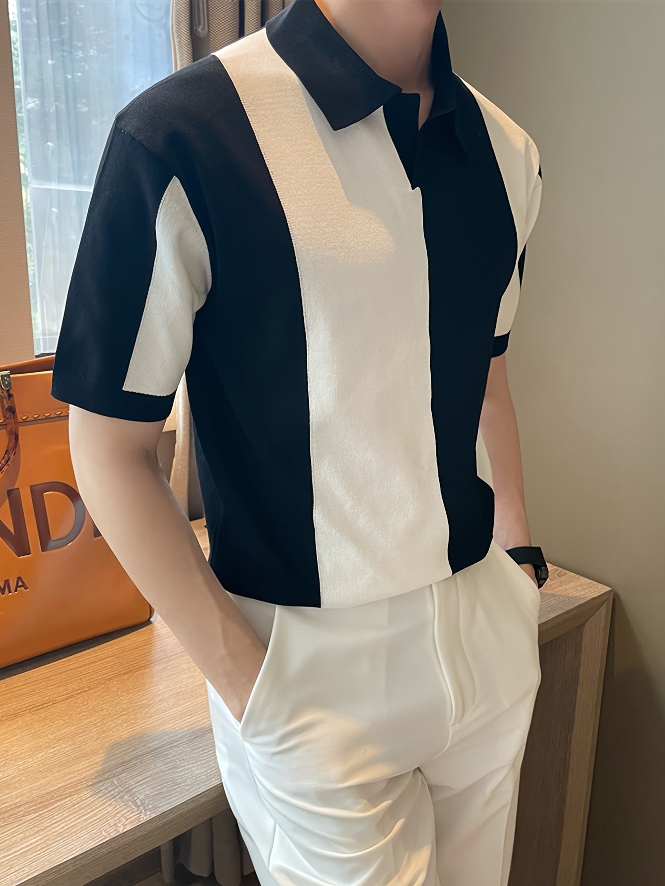Men'S Casual Short-Sleeve Striped Color-Blocked Knit Polo, a Stylish And Sporty Top Suitable for Summer Golf And Business Attire.
