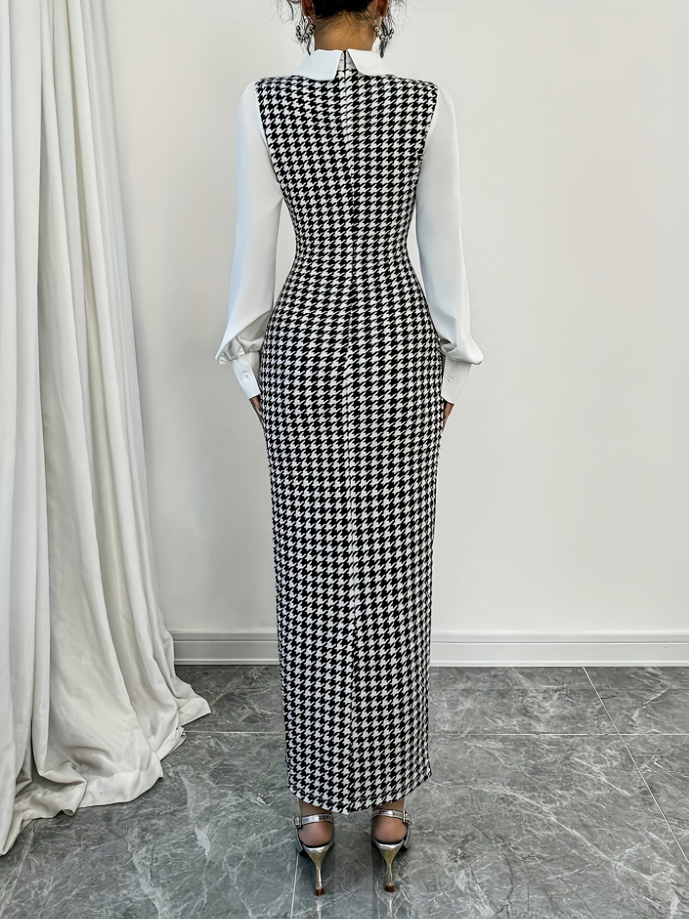 Women's Elegant Houndstooth Maxi Dress with Collar & Piping - Slim-Fit Long Dress, Sleeve, Machine Washable Fabric for Weddings, Parties, Fall Winter Events - Year-Round Wear for short or tall (Matching outfits available)