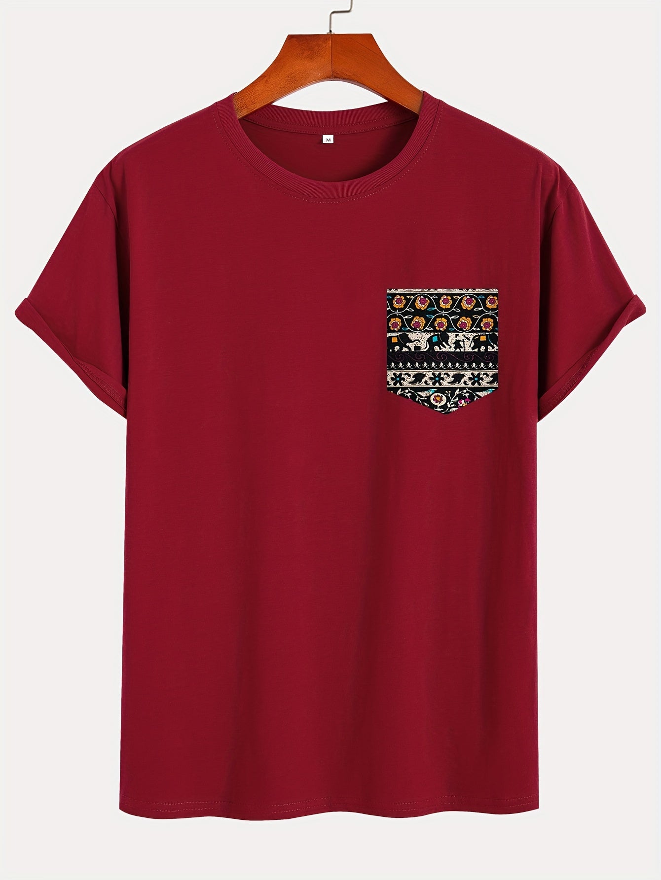 Solid Color Short Sleeve T-Shirt, Ethnic Style Pocketed Tee with Random Print on Pockets, Round Neck Short Sleeve Shirt