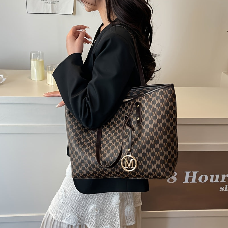 Sac à Main Femme Grande Capacité Luxe – Quincaillerie Dorée, Logo Lettre « M » et Motif Géométrique, Sac Élégant Blanc/Beige/Noir/Beige Clair, Structure Robuste, Fermeture Éclair Sécurisée, Quincaillerie Dorée