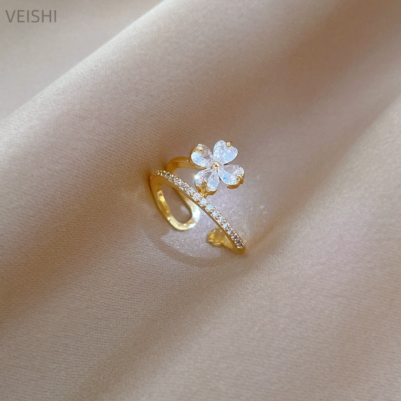 ' Lucky Flower Adjustable Open Ring - Japanese-Style Lucky Couple Ring Suitable for Daily Wear, Parties & Christmas Gifts - Minimalist Flower Motif, Year-Round Elegant for Luck & Positivity