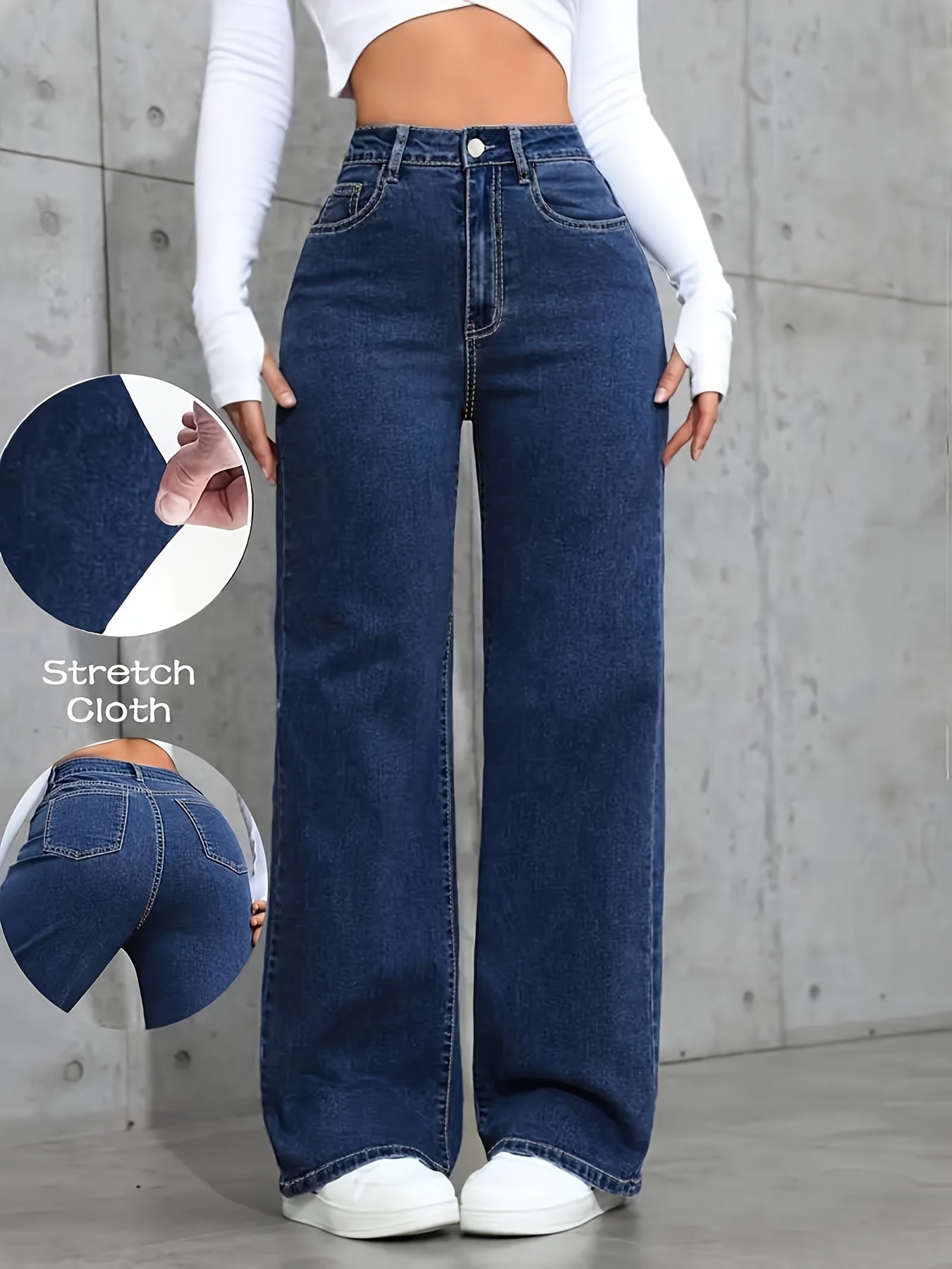 Jeans Femme Taille Haute – Coupe Droite, Bleu Denim avec Poches, Extensible, Style Décontracté, Fermeture Boutons, Confort Toutes Saisons, Tissu Durable