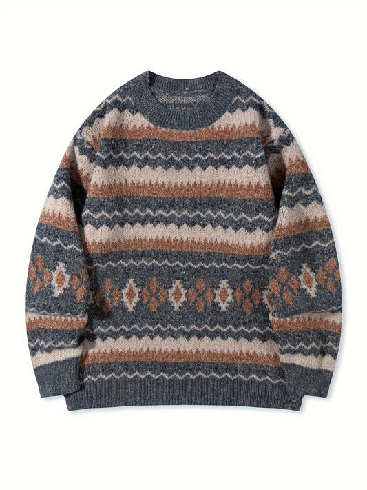 Men's Casual Color-Block Geometric Knit Sweater - Loose Fit Ribbed Detail Pullover, Machine Washable Autumn Winter Warm Crewneck Sweater for Casual Attire, Knitted Sweater, Durable Winter Wear