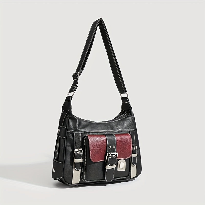 Sac tote rétro urbain pour femmes – Noir, bandoulière réglable, poches zippées