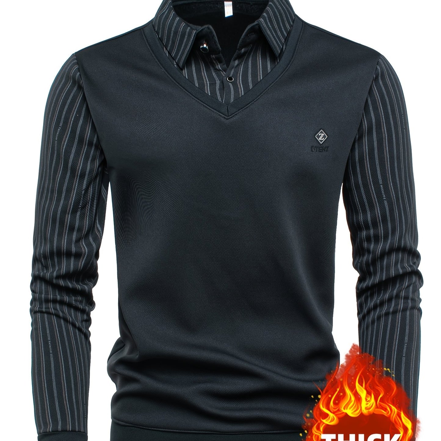 New Autumn And Winter Plush Men'S Long-Sleeved Fake Two-Piece Vest Design, Diamond-Shaped Decorative Stickers on The Chest, Pinstripe Lining, Soft And Warm for Daily Travel, Casual And Versatile, Light Business Fashion Lapel