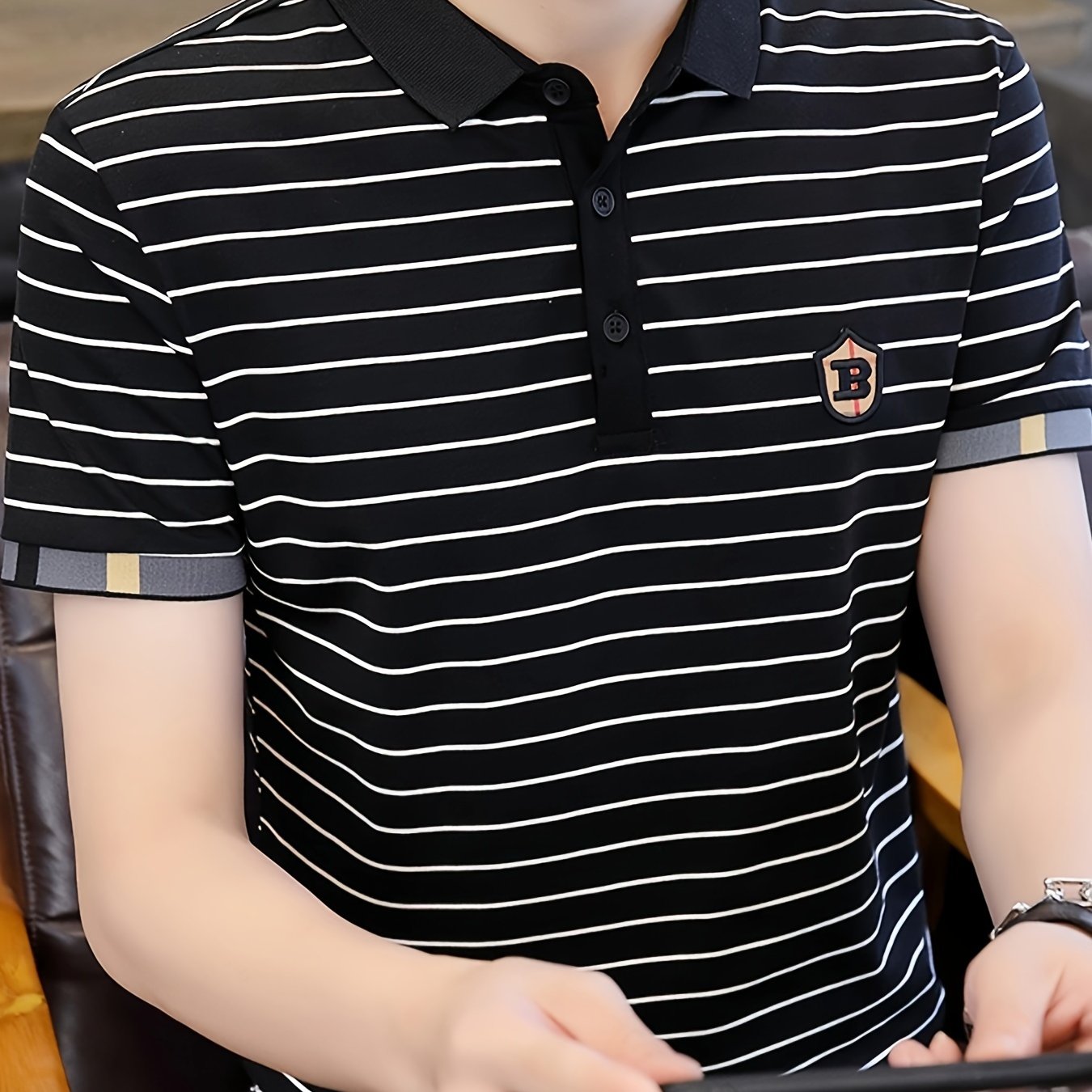 Men's Slim-Fit Black & White Striped Shirt with Golden Accent Collar & Chest Embellishment - Short Sleeve, Machine Washable, Tailored Casual & Semi-Formal Wear, Durable & Comfortable for Everyday Special Occasions, Versatile