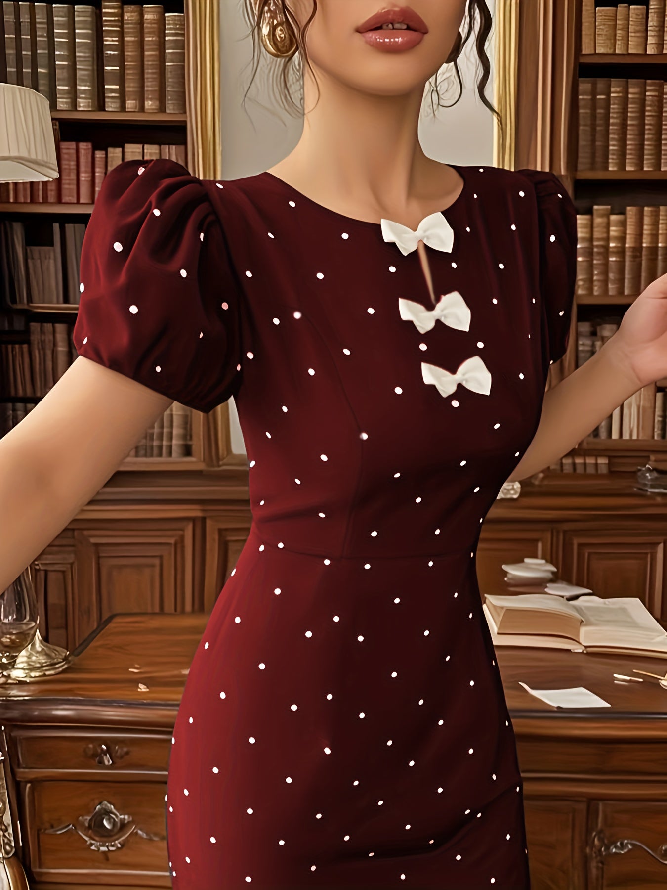 The Elegant Dress with Lantern Sleeves, a Bow, And Ruffled Polka Dot Print Is Perfect for Spring And Summer.