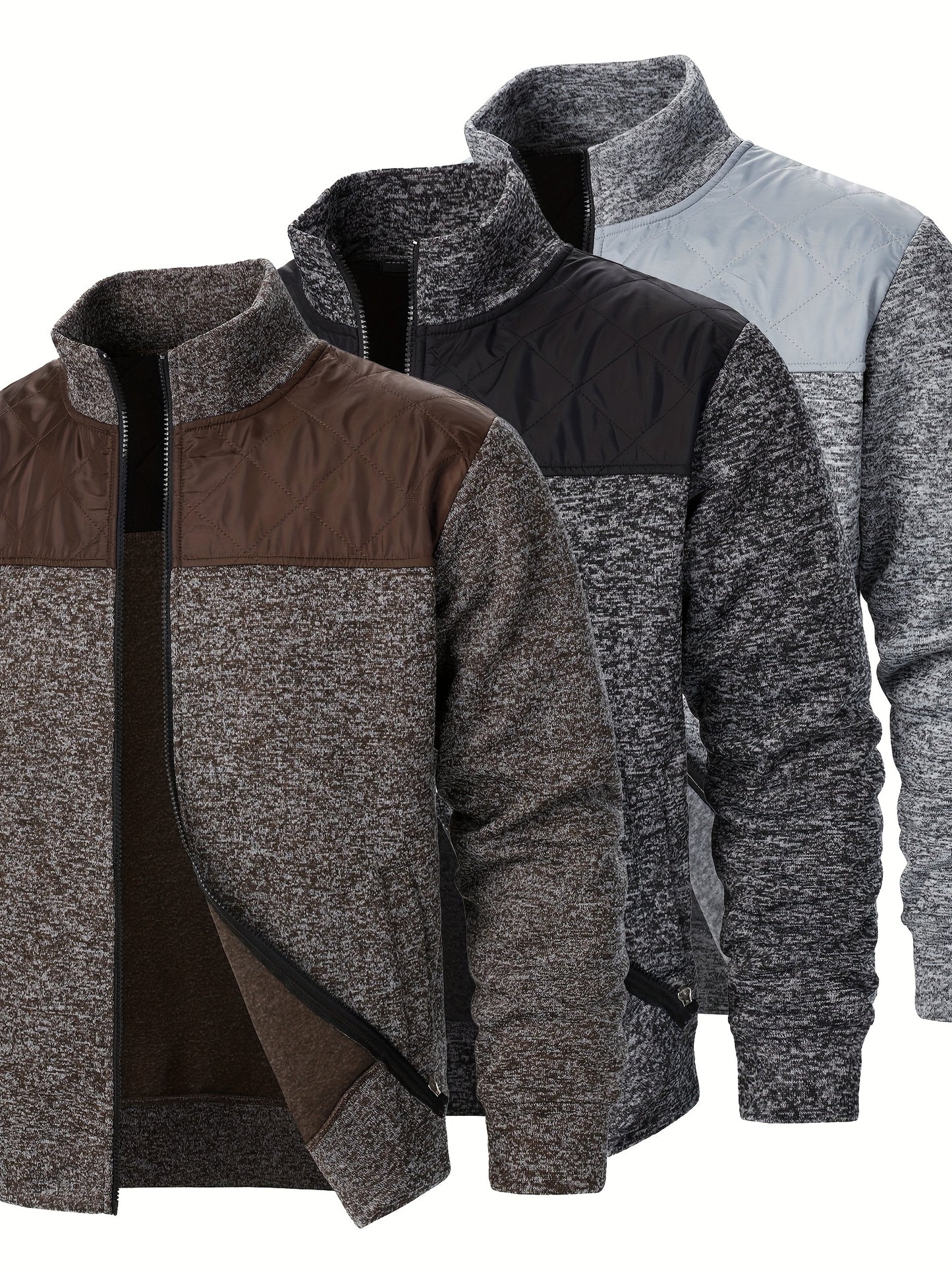 Lot de 3 Sweatshirts Homme en Polaire – Zip, Marron, Manches Longues, Col Montant, Décontracté, Golf et Camping, Lavable en Machine