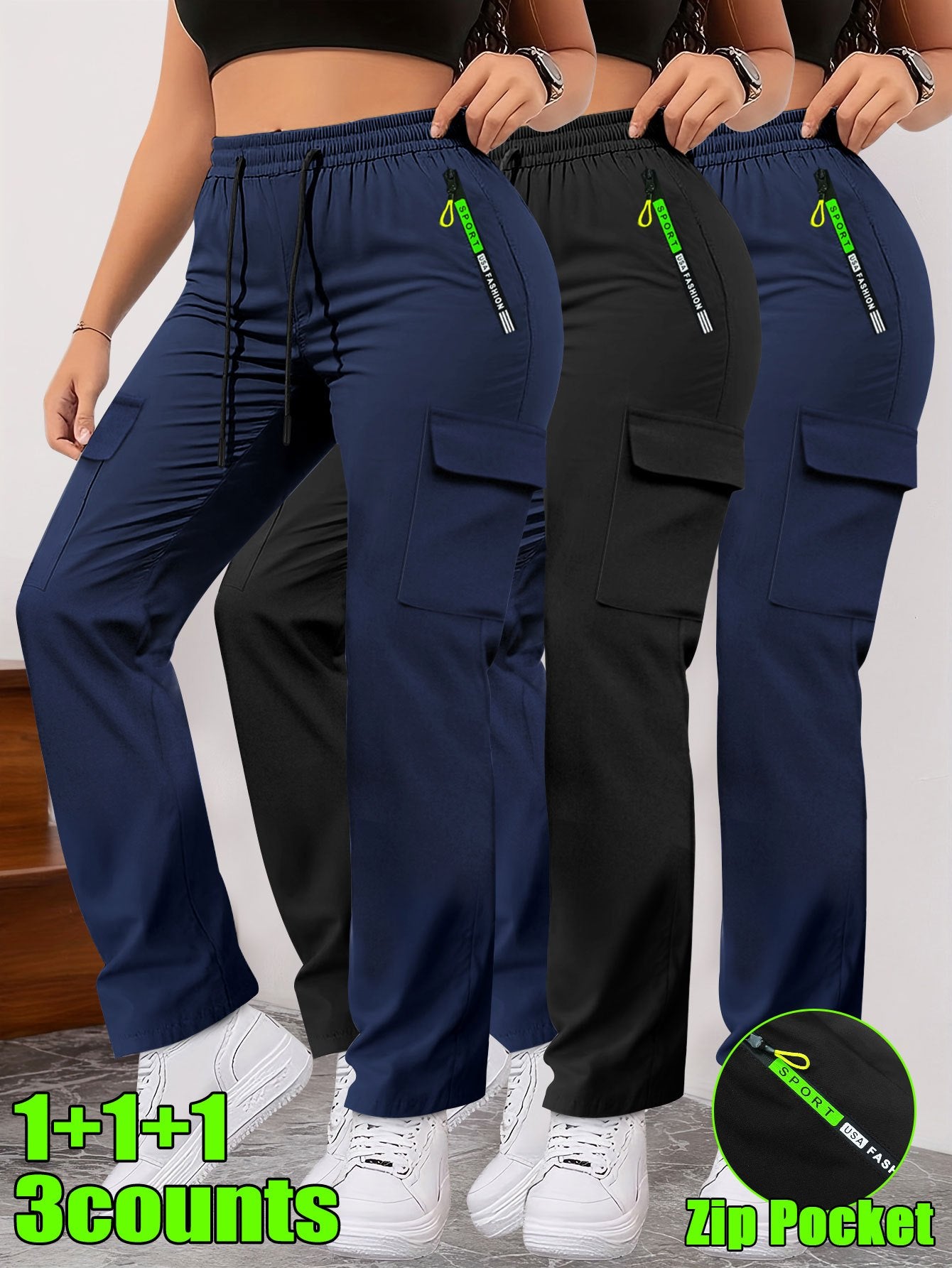 Lot de 3 Pantalons Femme– Poches Zippées et Cargo, Robustes, Sans Extensibilité, Printemps/Automne