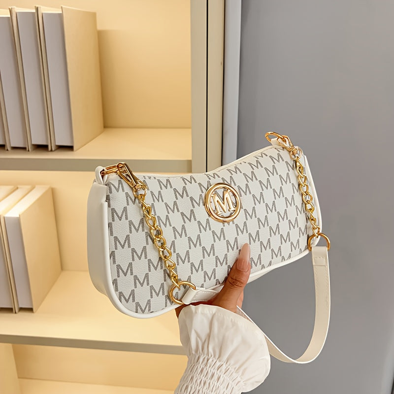 Sac Femme Vintage Français – Petit Sac Carré à Rabat, Imprimé Lettres, Bandoulière Chaîne Ajustable, Logo M, Fermeture Éclair, Convertible Sac Bandoulière/Épaule, Idéal Quotidien, Travail et Loisirs