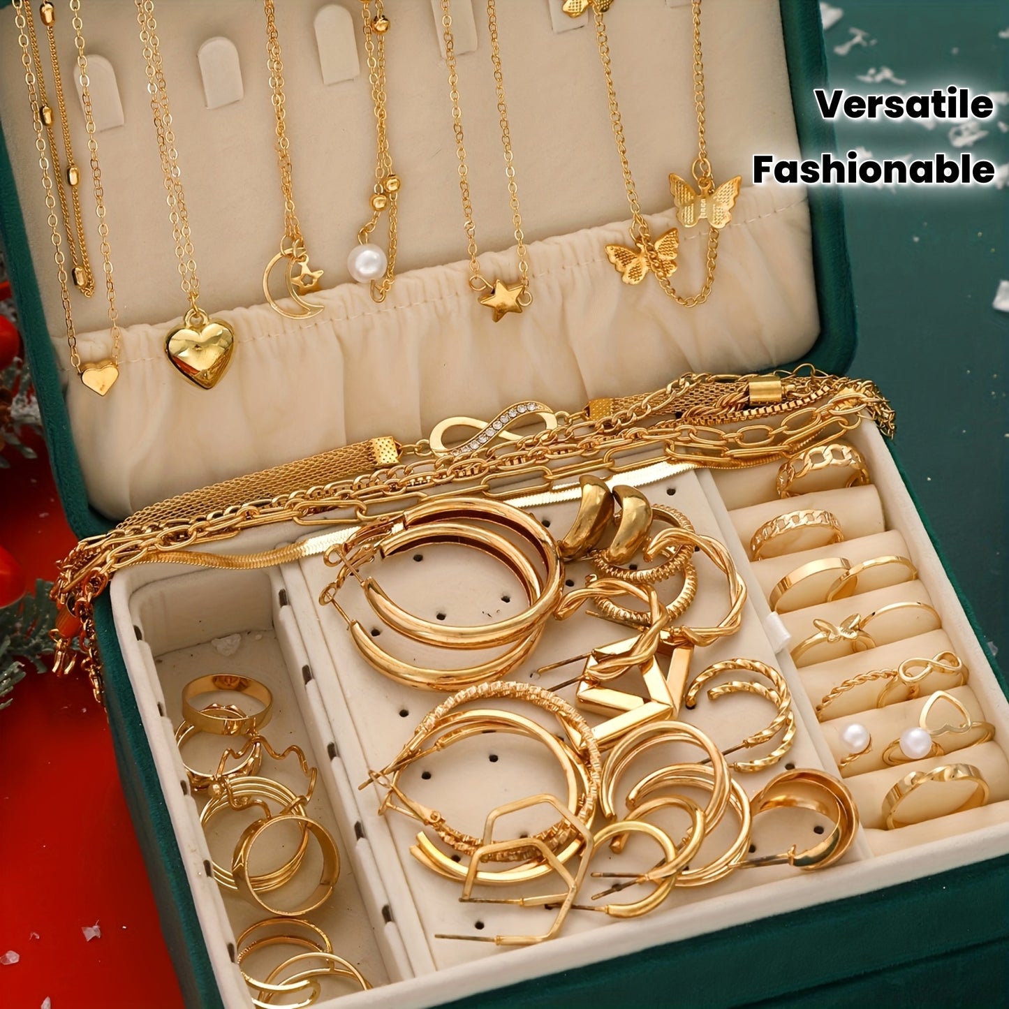 Ensemble de 58 pièces de bijoux femme, collier cœur et papillon, boucles d’oreilles, bracelet et bague avec zirconia synthétique et perles, thème Noël, élégant et polyvalent