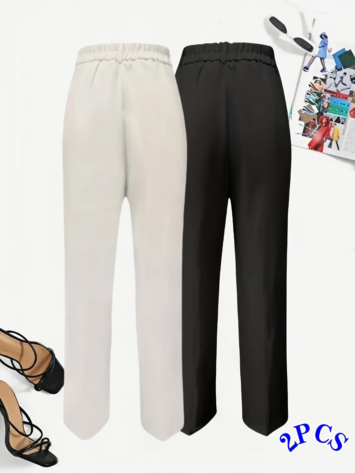 Pantalon Femme Élégant Taille Haute – Jambe Droite, Fermeture Zippée Avant et Taille Élastique Arrière, Couleur Unie, Tous Saisons, Bureau et Décontracté