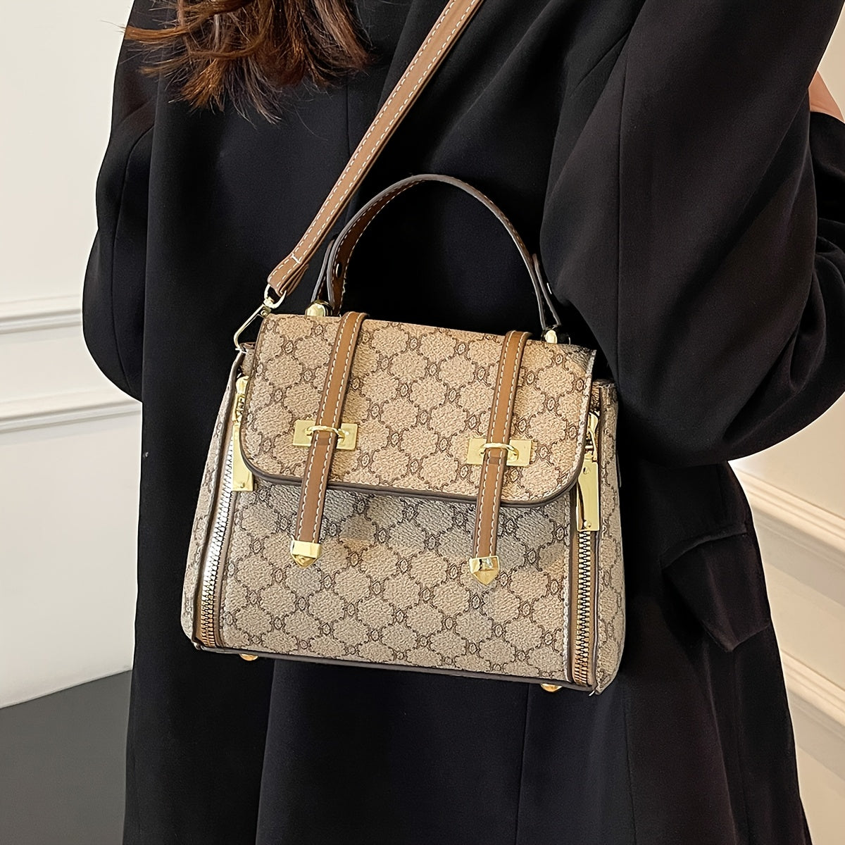 Sac à main grande capacité pour femmes– motif géométrique, fermeture magnétique, ferrures dorées, doublure polyester