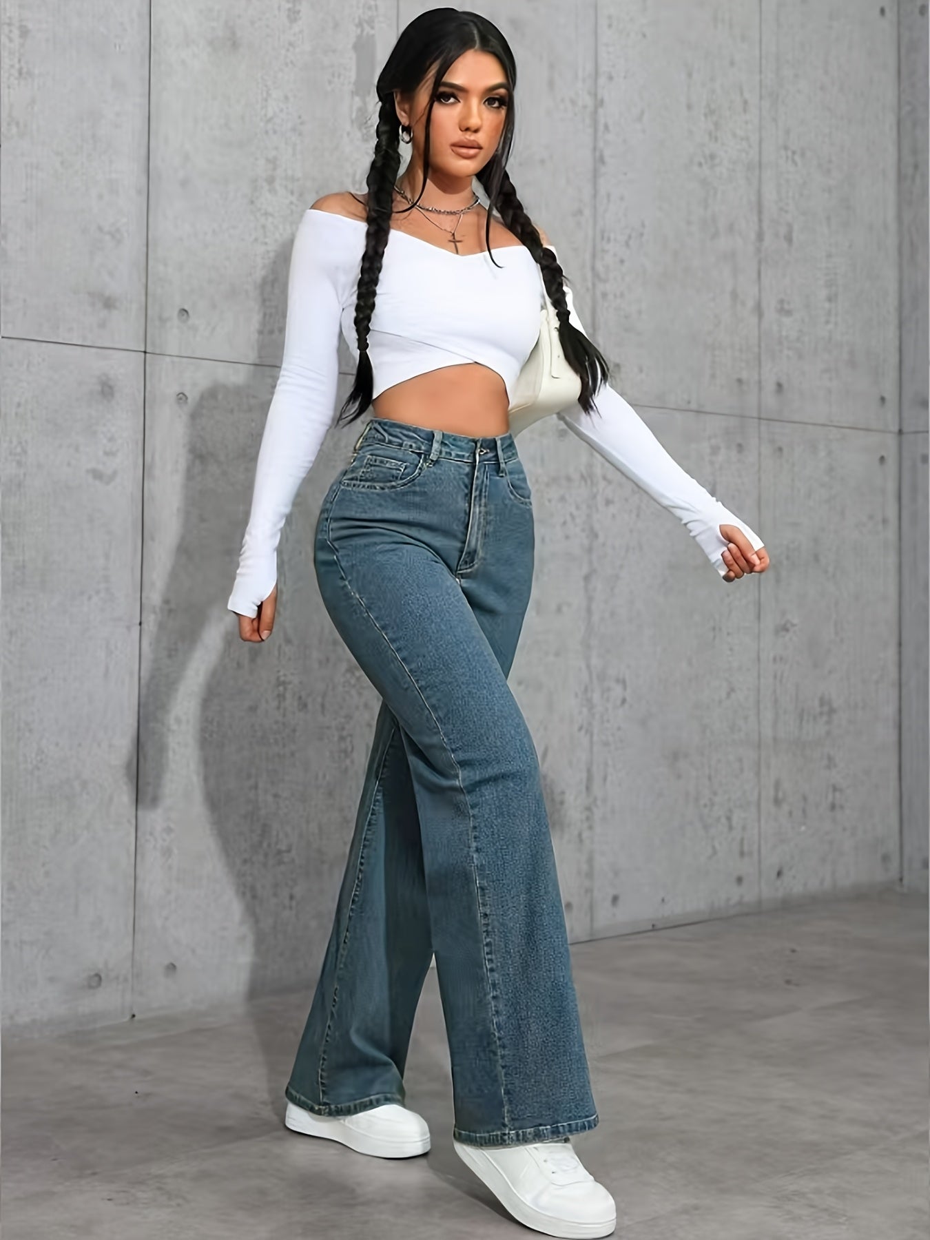 Pantalon Femme Taille Haute Bleu Jambe Droite Extensible Poches Confortable Style Décontracté 2025 Denim Rétro Résistant Slim Streetwear
