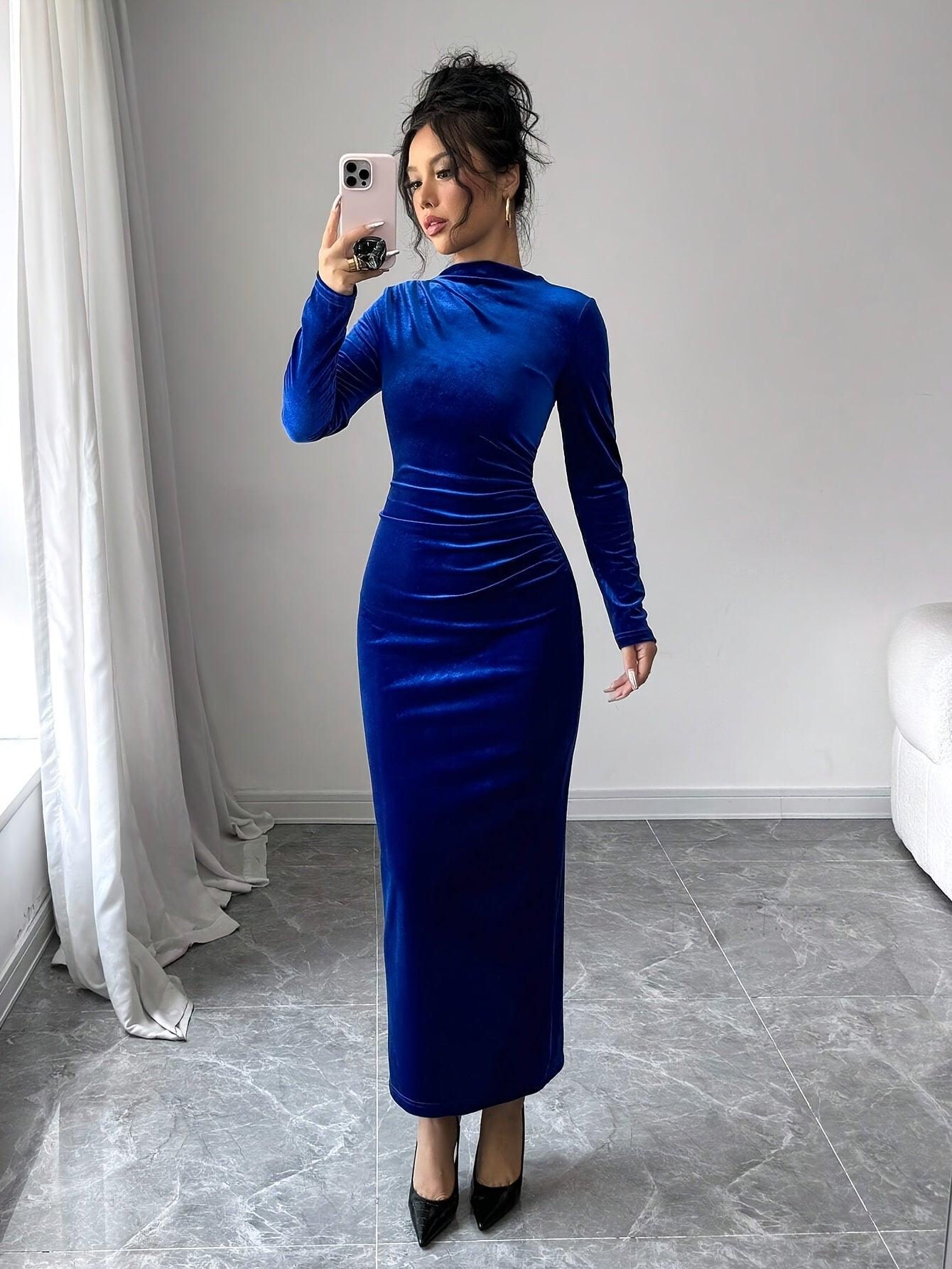 Women's Elegant Asymmetric Long Maxi Dress with Stand Collar & back slit - Solid Color Fitted Gown, Machine Washable Wedding Guest Gown, Prom Dress, for all-Season Wear - Formal Evening Dress