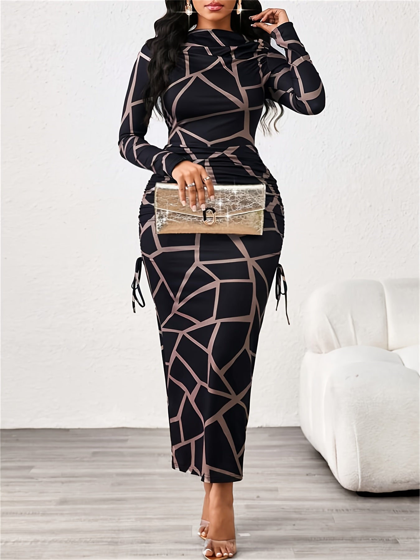 Women'S Elegant Formal Evening Gown - Long Sleeve Bodycon Dress with Geometric Print, Structured Fit & Tie-Front Closure, Floor-Length Party Wedding Guest Dress for, Prom, Gala - Spring/fall Formal Attire, Formal Dresses, Pro