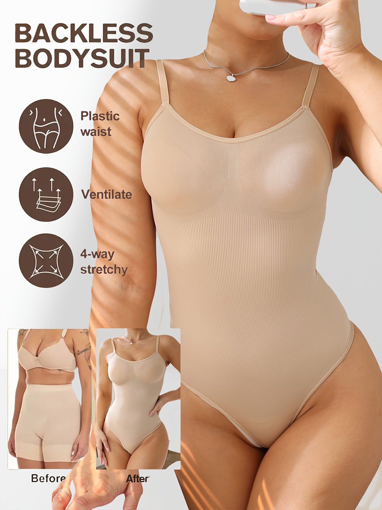 Body femme élégant couleur unie, dos nu, maintien élevé avec contrôle du ventre et effet amincissant, mélange nylon-élasthanne, parfait pour tenue décontractée