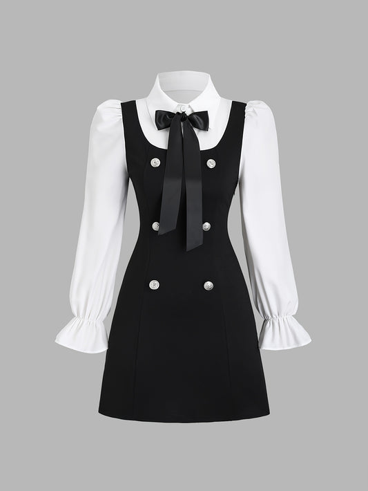 Robe élégante femme à col montant – Manches longues, coupe ajustée, boutons décoratifs